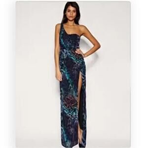 ASOS one shoulder animal print maxi dress high slit Sz 8